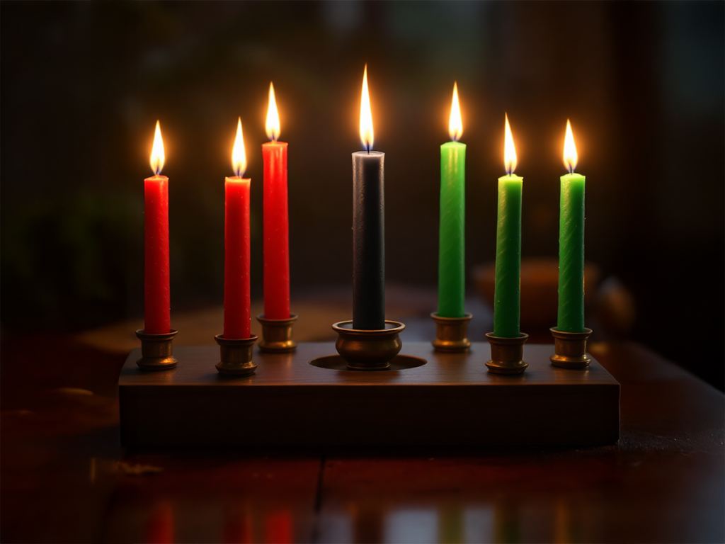A kinara holding seven lit candles: three red, one black, and three green, displayed on a wooden base. - PsychDiscouse