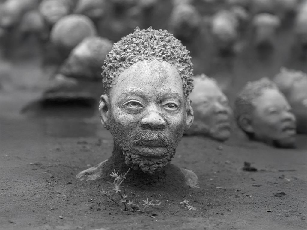 A realistic sculpture of a man's head and shoulders partially buried in soil, with similar heads in the background; the image is in black and white. - PsychDiscouse