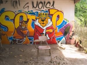 Graffiti art of a lion wearing a crown and robe on a wall under a bridge, with two empty, worn chairs in front and some scattered debris on the ground. - PsychDiscouse