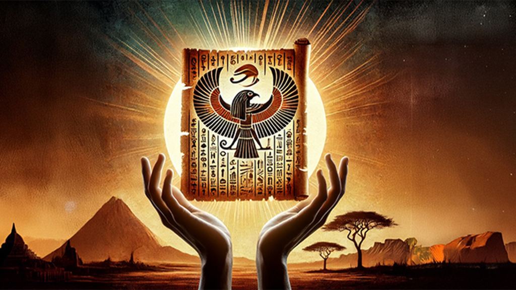 Two hands hold up a papyrus with Egyptian hieroglyphs and a winged scarab, set against a sunlit landscape with pyramids and trees. - PsychDiscouse