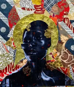 A stylized portrait of a dark-skinned person with a gold halo and fragmented face, set against a colorful, patterned background. - PsychDiscouse