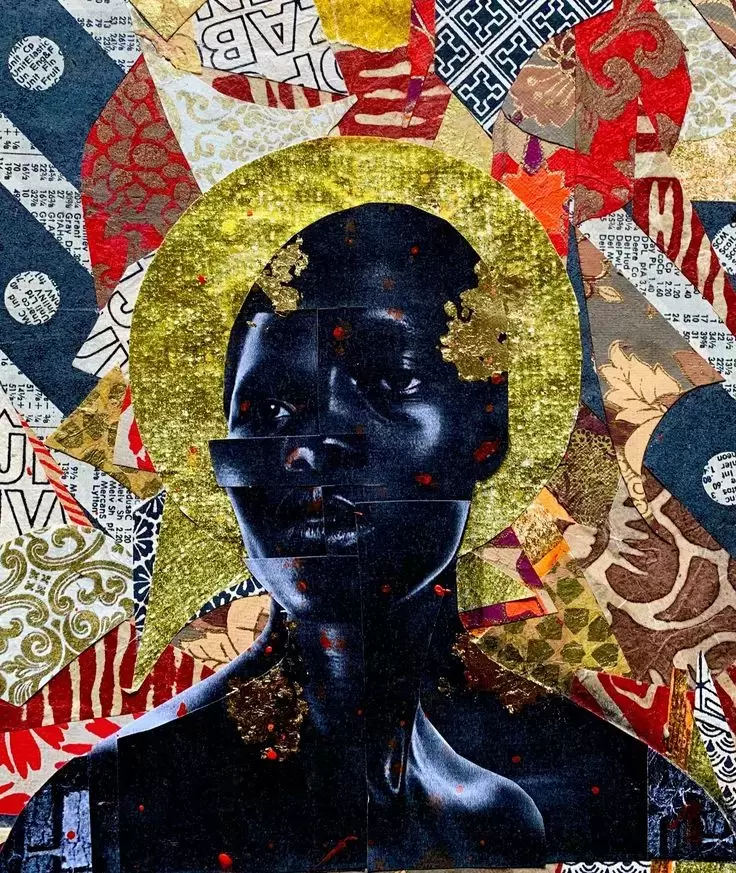 A stylized portrait of a dark-skinned person with a gold halo and fragmented face, set against a colorful, patterned background. - PsychDiscouse