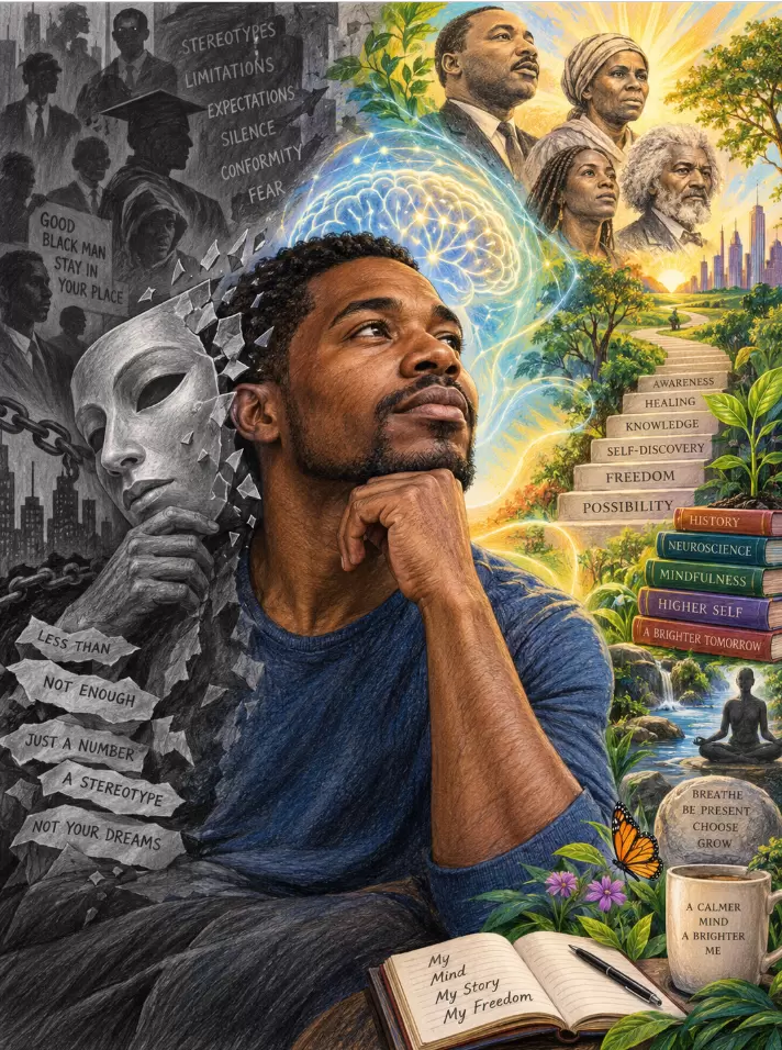 A man gazes upward while removing a mask, surrounded by historical figures, steps toward personal growth, and words representing overcoming societal limitations. - PsychDiscouse