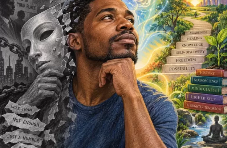 A man gazes upward while removing a mask, surrounded by historical figures, steps toward personal growth, and words representing overcoming societal limitations. - PsychDiscouse