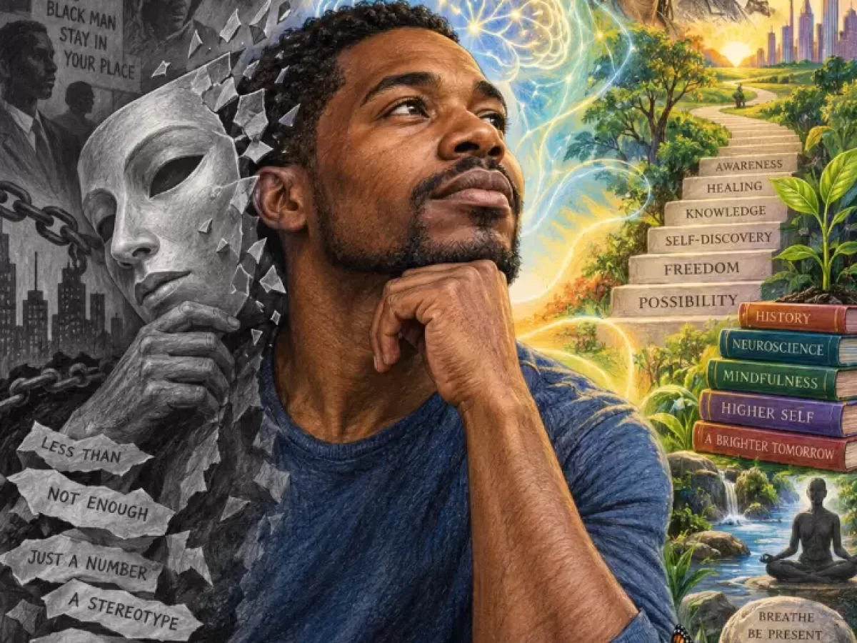 A man gazes upward while removing a mask, surrounded by historical figures, steps toward personal growth, and words representing overcoming societal limitations. - PsychDiscouse