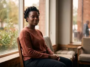 A Black woman sits by a window in warm daylight with a composed, gentle expression.