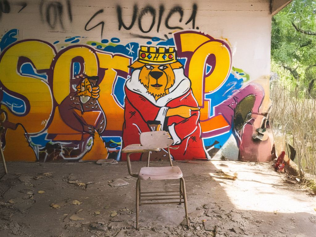 Graffiti art of a lion wearing a crown and robe on a wall under a bridge, with two empty, worn chairs in front and some scattered debris on the ground. - PsychDiscouse