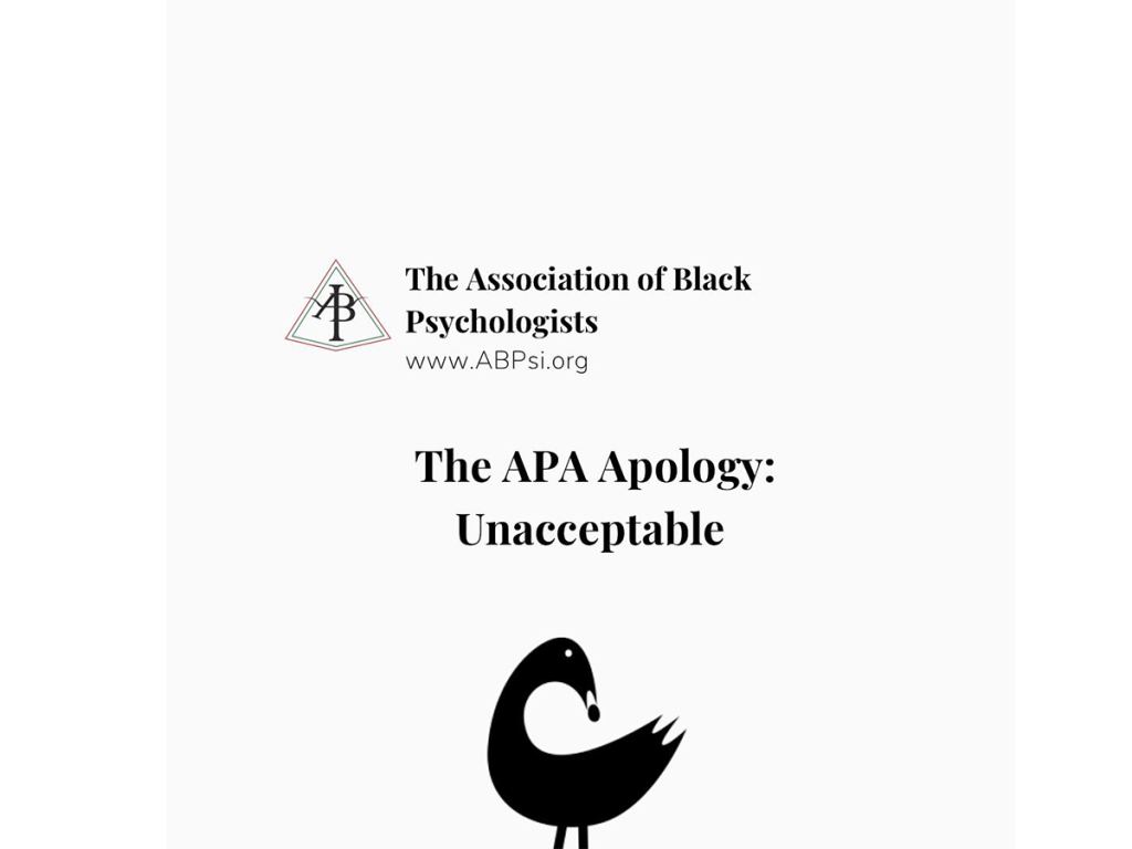 The Association of Black Psychologists logo and website, bold text stating "The APA Apology: Unacceptable," and a stylized black bird graphic on a white background. - PsychDiscouse