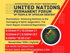 Event flyer for the UN Permanent Forum of People of African Descent, listing topics, times in various time zones, hybrid format, and contact email for November 30th. - PsychDiscouse