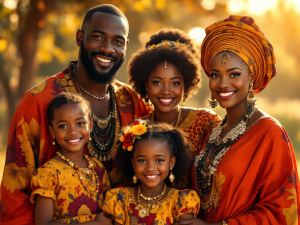 A smiling family of five poses outdoors, all wearing coordinated orange and yellow traditional attire and jewelry, with warm sunlight in the background. - PsychDiscouse