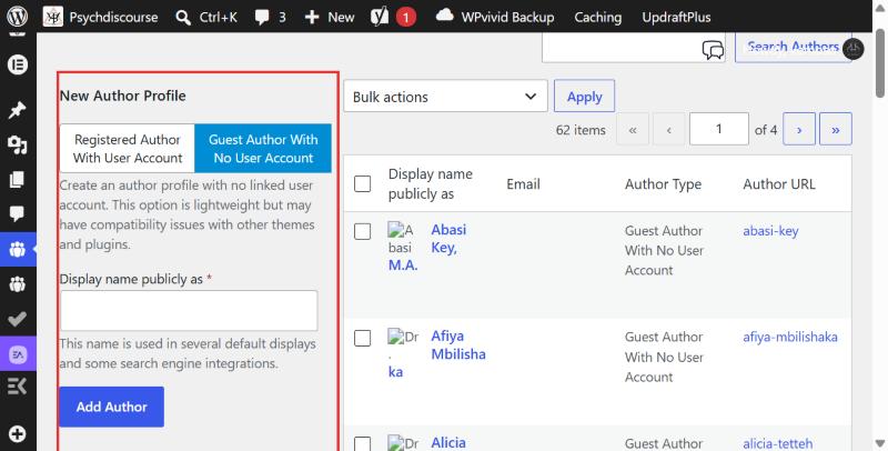 New Author Profile form, Guest Author With No User Account tab