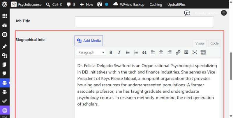 Biographical Info box on the Edit Author screen