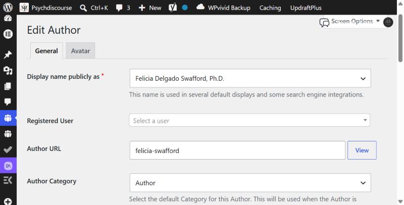 Edit Author screen, General tab