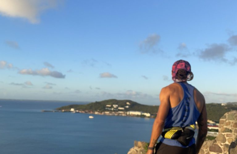 A person wearing a blue tank top and patterned head covering stands on a rocky overlook, facing a bay and distant coastline. - PsychDiscouse